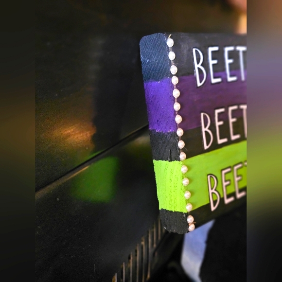 Handmade Solid 1" Wooden Beetlejuice Hanging Sign Decor Black Green Purple - Picture 9 of 11